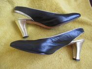 NEUw * Original VINTAGE * Echt Leder * Kitten * High- Heels * Slingbacks * Sling- Pumps * Schuhe "ESCADA" Made in Italy * Original * Gr. 37/ 4 * dunkel- blau * gold * - Riedlingen