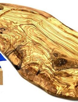 Olivenholz-erleben Tranchierbrett Steakbrett mit Saftrille und Grifflasche Olivenholz 45-49 cm, Massivholz, (Set, 1-St., 1x Steakbrett, plus Überraschung), die Saftrille fängt Flüssigkeit gezielt auf