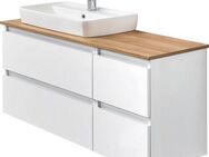 Saphir Waschtisch Quickset 360 Waschplatz mit Keramik-Aufsatzbecken, wandhängend, Waschtischplatte, 113 cm breit, Weiß Glanz, 4 Schubladen