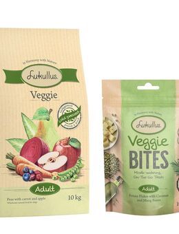 Lukullus Kombi-Paket: Kaltgepresst Veggie Trockenfutter + Veggie Bites Snack - 10 kg Kaltgepresst Veggie + 3 x 100 g Veggie Bites
