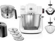 BOSCH Küchenmaschine Serie 6 MUMS6EW24D, Durchlaufschnitzler, Edelstahlschüssel, weiß, 1600 W, 5,5 l Schüssel, 7 Stufen, 4 Scheiben, Zitruspresse, Knethaken/Rühr-/Silikonbesen