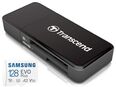 Speicherkarte MicroSDXC 128GB, Samsung EVOPlus mit einer Datenübertragung von bis zu 130MB/s, Speicherkartenleser Transcend Dual,  MicroSD & SD Laufwerke, USB 3.0 Typ A, schwarz in 90763