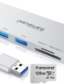USB 3.0 Typ A, 3fach Hub, USB 3.0 Typ A, Dual Speicherkartenleser, SD & MicroSD Laufwerke, Transcend MicroSDXC 128GB, A1, V30 - mit einer Datenübertragung von bis zu 90MB/s in 90763