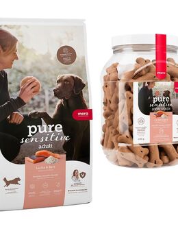 mera pure sensitive Kombi-Paket: 12,5 kg Trockenfutter + 3 x 600 g Goody Snacks - Adult Lachs & Reis 12,5 kg + Goody Snacks Lachs & Reis 3 x 600 g