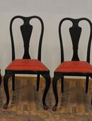 6 Eichenstühle, Massivholz, schwarz, (gebraucht) mit rotem Leder-Polster (neu) in 80809