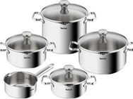 Tefal Topf-Set Duetto, Edelstahl (Set, 9-tlg., 1x Stielkasserolle 16 cm, je 1 Kochtopf mit Deckel 18/20/22/24 cm), Edelstahl-Topfset, Siebdeckel, Ausgießer, alle Herdarten, Induktion