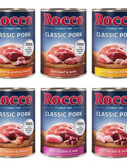 Rocco Classic Probiermix 6 x 400 g - Schwein-Mix: Rind/Lamm, Huhn/Pute, Huhn/Kalb, Rind/Geflügelherzen, Huhn/Lachs, Rind/Huhn