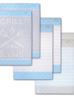 Dyckhoff Geschirrtuch Grill & Chill, mit 3 verschiedenen Motiven, Maße je Tuch ca. 50x70 cm, (Set, 6-tlg), aus 100% Baumwolle, mit Grillbesteck-Motiv und Schriftzug