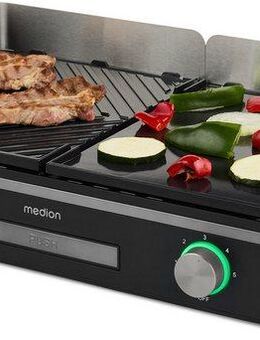 Medion® Tischgrill MD12027, mit Dual-Zonen-System, 2,400 Watt, 2 abnehmbare Platten, 2400 W, bis max. 240 °C, PFAS Frei, LED-Statusanzeige, IPX4-Schutz