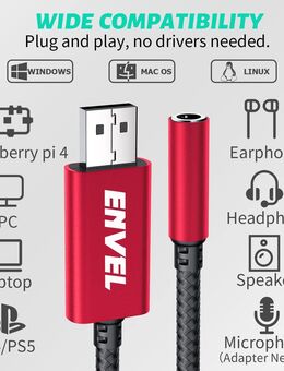 USB 2.0 externe Soundkarte 4polige TRRS, 3,5mm Klinkenbuchse, Stereo, Adapter mit 15cm Länge, rot - Plug & Play Installation ohne weitere Treiber auf allen Betriebssystemen - Fürth