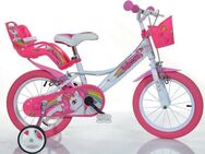 Dino Kinderfahrrad Unicorn Einhorn, 1 Gang, mit Stützrädern, Korb und Puppensitz
