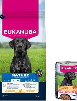 15 kg Eukanuba Premium Nutrition + 3 x 400 g passendes Nassfutter gratis! - 15 kg Mature Large & Giant Breed Huhn + 3 x 400 g Senior Pute mit Karotten