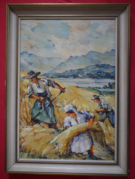 Gemälde , Landarbeiter bei der Getreideernte , Alpen, F. Schneider - Görlitz