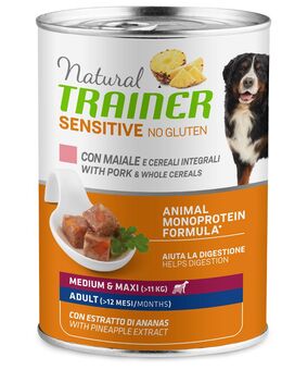 10 + 2 gratis! 12 x 415 g / 400 g Natural Trainer - Sensitive No Gluten Adult Schwein & Vollkorngetreide 12 x 400 g