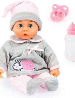 Bayer Babypuppe First Words Baby, 38 cm grau/rosa (3-tlg), mit Schlafaugen und Babygeräuschen