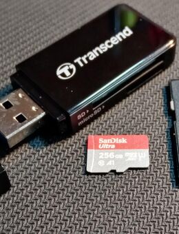Speicherkarte SanDisk Ultra MicroSDXC 256GB, mit einer Datenübertragung von bis zu 120MB/s, Speicherkartenleser Transcend Dual, MicroSD & SD Laufwerke, USB 3.0 Typ A, schwarz, inklusive SD-Adapter - Fürth