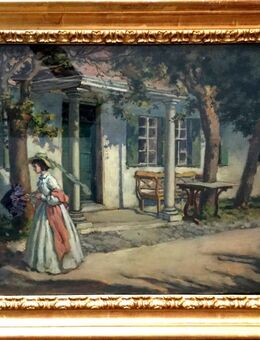 Meister-Ölgemälde CARL VOSS (1856), Biedermeierdame vor Villa um 1880!! - Berlin