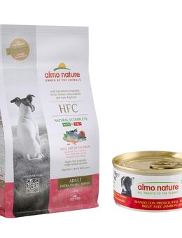 1,2 kg Almo Nature HFC Adult XS-S + 12 x 95 g Nassfutter zum Sonderpreis! - Lachs + Rind mit Schinken