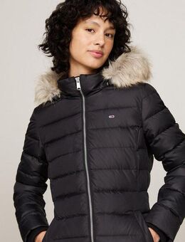 Tommy Jeans Steppmantel TJW ESSENTIAL HOODED DOWN COAT mit Fellimitat, Logostickerei