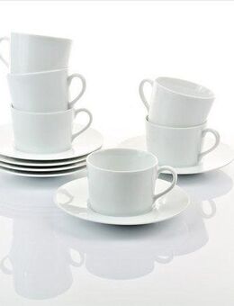 Retsch Arzberg Tasse Kaffeetasse HEIKE WEISS komplett mit Untertasse, Set 12tlg. Porzellan, Porzellan, Frühstückstassen für 6 Personen, klassisches Design in weiss