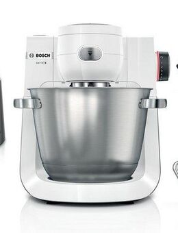 BOSCH Küchenmaschine Serie 6 MUMS6EW13D, Durchlaufschnitzler, Edelstahlschüssel, weiß, 1600 W, 5,5 l Schüssel, 7 Stufen, 3 Scheiben, Knethaken/Rühr-/Silikonbesen, spülm.fest