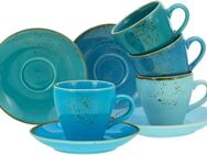 CreaTable Espressotasse Kaffeetasse NATURE COLLECTION Aqua, Steinzeug, Tassen Set, aktuelle Blautöne mit Sprenkel, 4 Tassen, 4 Untertassen