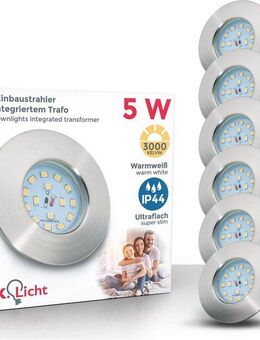 B.K.Licht LED Einbauleuchte 6er Set Bad Einbaustrahler, IP44 geschützt, LED Einbauspots, flach, LED fest integriert, Warmweiß, 3.000K, 400Lm, 5W, Kunststoff, 7,5 x 3 cm, Nickel