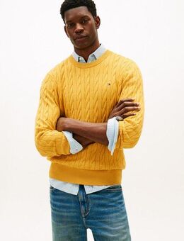 Tommy Hilfiger Strickpullover CLASSIC CABLE CREW NECK mit Strukturstrick und Flaglabel unifarben, casual, regular fit, Baumwolle, Rundhals