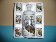6er Set Alkoholbecher und Alkoholflasche aus Keramik mit Segelbootsmotiven und Texten - Ritterhude
