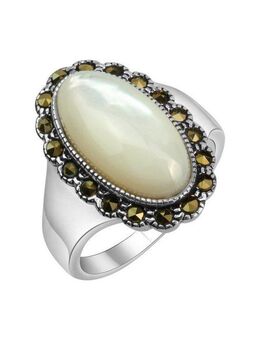 Zeeme Fingerring Silber 925 oxydiert mit weißem Perlmutt und 18 Markasit-Steinen