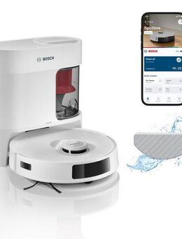 BOSCH Saugroboter Spotless + BCRD1W, Saugroboter mit Wischfunktion, 11.000 Pa Saugkraft, 60 W, beutellos, Trocken-Servicestation, Infrarot Navigation, Carbon Bürste