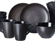 Ritzenhoff & Breker Frühstücks-Geschirrset Service, Kitwe (Teller, Schale, Kaffeebecher) (12-tlg), 4 Personen, Steinzeug, seidenmatter Schwarzton mit Kupferstich, 12 Teile, für 4 Personen