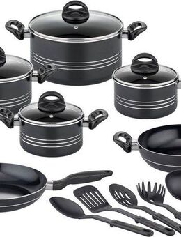 GSW Topf-Set Milano Nero, Aluminium (Set, 15-tlg., je 1 Kochtopf 16/20/2 cm, 1 Stielkasserolle 16cm, je 1 Pfanne 24/28cm), Induktion, inkl. 5-teiliges Küchenhelfer-Set