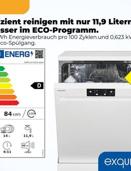 exquisit Standgeschirrspüler 9114 GSP9114-451D weiss, 11,9 l, 14 Maßgedecke, 14 Maßgedecke & flüsterleise 49 dB – stark und angenehm ruhig