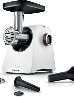 BOSCH Fleischwolf Serie 4 MFWS420W, 1900 W Blockierlei., 2 Flügel-Messer, 2 Stufen, weiß, 500 W, Metallkupplung, Wurststopfer, 10 J Motorgarantie, Rücklauffunktion