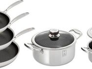HENSSLERS Pfannen-Set, Edelstahl (Set, 7-tlg., je 1 Pfanne Ø 20/24/28 cm, je 1 Kochtopf Ø 20/24 cm), 3-Schicht Material, Wabenstruktur und Antihaftbeschichtung, Induktion