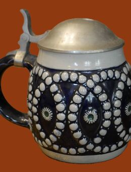 Antiker Bierkrug Keramik mit Zinndeckel 0,5Liter , Monogramm RM , Nummer 3313 , Jugendstil , Höhe 14,5cm , K6 - Görlitz