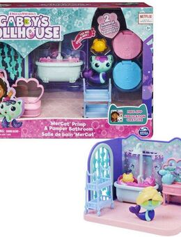 Spin Master Spielwelt Gabby's Dollhouse – Deluxe Room – MerCat's Badezimmer, Badezimmer mit Meerkätzchen, Möbelstücken und thematischem Zubehör