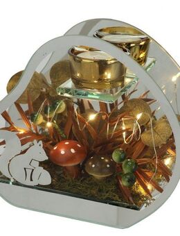 I.GE.A. Teelichthalter Teelichthalter aus Glas mit Teelichtkerze (1 St), Herbstlich dekoriert mit Pilze Eichhörnchen Herbstlaub Kerze Windlicht