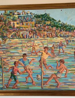 Schönes, farbintensives Zeitdokument brasilianischer Alltagskultur - Ölgemälde Manoel Britto - "Futebol e musica" - Berlin Charlottenburg-Wilmersdorf