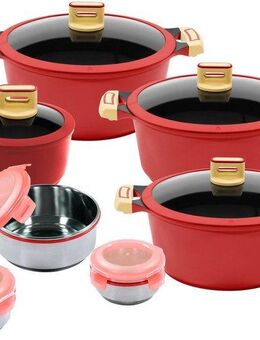 KING Topf-Set GOURMET, Aluminiumguss (Set, 14-tlg., je 1 Kochtopf 18/20/24 cm, 1 Stieltopf 16 cm, Schüssel-Set), Deckel Silikonrand,Antihaft-Beschichtung,Induktion