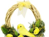 Kunstkranz Mit Blüten, Vogel und Schleife, I.GE.A., Höhe 20 cm, aus Rattan, Türkranz