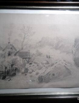 Landschaftsromantiker Ludwig Eibl 1842 Wien1918 "Alpenansicht mit Steinbrücke Gebirgsbach und Bauernhäuser " signiert Bleistiftzeichnung gerahmt : 27,5cm x c21,5 m - Sternenfels