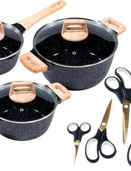 KING Topf-Set »ESSENTIAL« Aluminiumguss, Induktion, Antihaftbeschichtung, Aluminiumguss (Set, 11-tlg., 2 Töpfe, 1 Stieltopf, 3 Glasdeckel), inkl. 5 Scheren