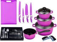 KING Topf-Set »ALUGUSS« Aluminiumguss, Induktion, Antihaftbeschichtung, Aluminiumguss (Set, 43-tlg., 3 Töpfe, 1 Stieltopf, 3 Glasdeckel), inkl. 4 Küchenmesser, 1 Schneidebrett, 1 Besteck-Set + Etui