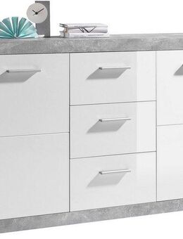 HBZ Sideboard Stone weiß Hochglanz, Wohnzimmerschrank BxHxT 147x89x37 cm (1 St), Mit 2 Türen, 3 geräumigen Schubkästen, 2 Einlegeböden verstellbar
