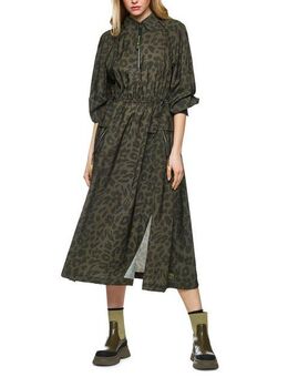 Marc Cain Maxikleid Leo Hike Premium Damenmode Langarm Sportives Kleid, Hemdkragen, Raglanärmel, mit Leo-Print