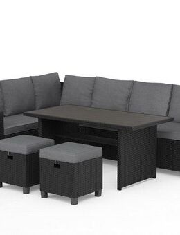 KONIFERA Gartenlounge-Set Georgia, (Set, 2x 3er Bank, 2x Hocker, 1x Tisch 145x74x67cm, Stahl, Polyrattan), inkl. Auflagen, Schwarz, Tischplatte aus Nonwood