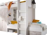 Begabino Hochbett MAXI mit 2 Liegeflächen, Kleiderschrank und Regalen