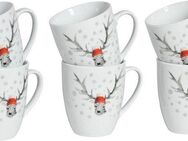 CreaTable Becher Hirsch, Kaffeebecher, 6-tlg., Porzellan, Winterdekor, Hirschmotiv